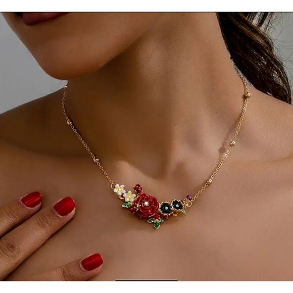 Cluster of Enamel Painted Flowers on Bar Necklace Gold Dotted Chain Collar NWT - Picture 1 of 3